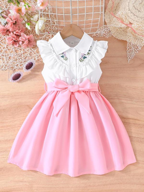 Girl's Colorblock Floral Embroidery Belted Sweater Dress, Elegant Casual Leaf Print Short Sleeve Dress for Summer, Kids Clothes for Daily Wear 0