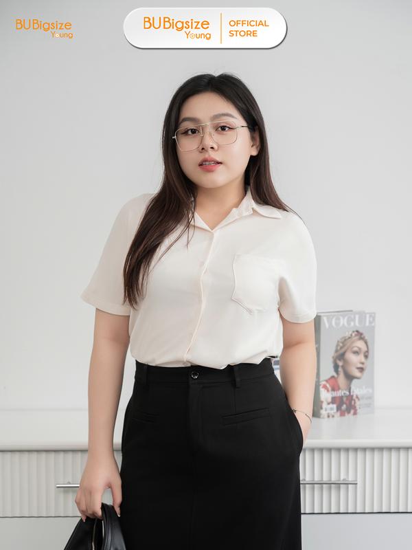 Áo sơ mi nữ cộc tay đuôi tôm xẻ cao BIGSIZE (55kg đến 95kg) - 21YSM90 - [BU Bigsize Young] Cổ Tròn