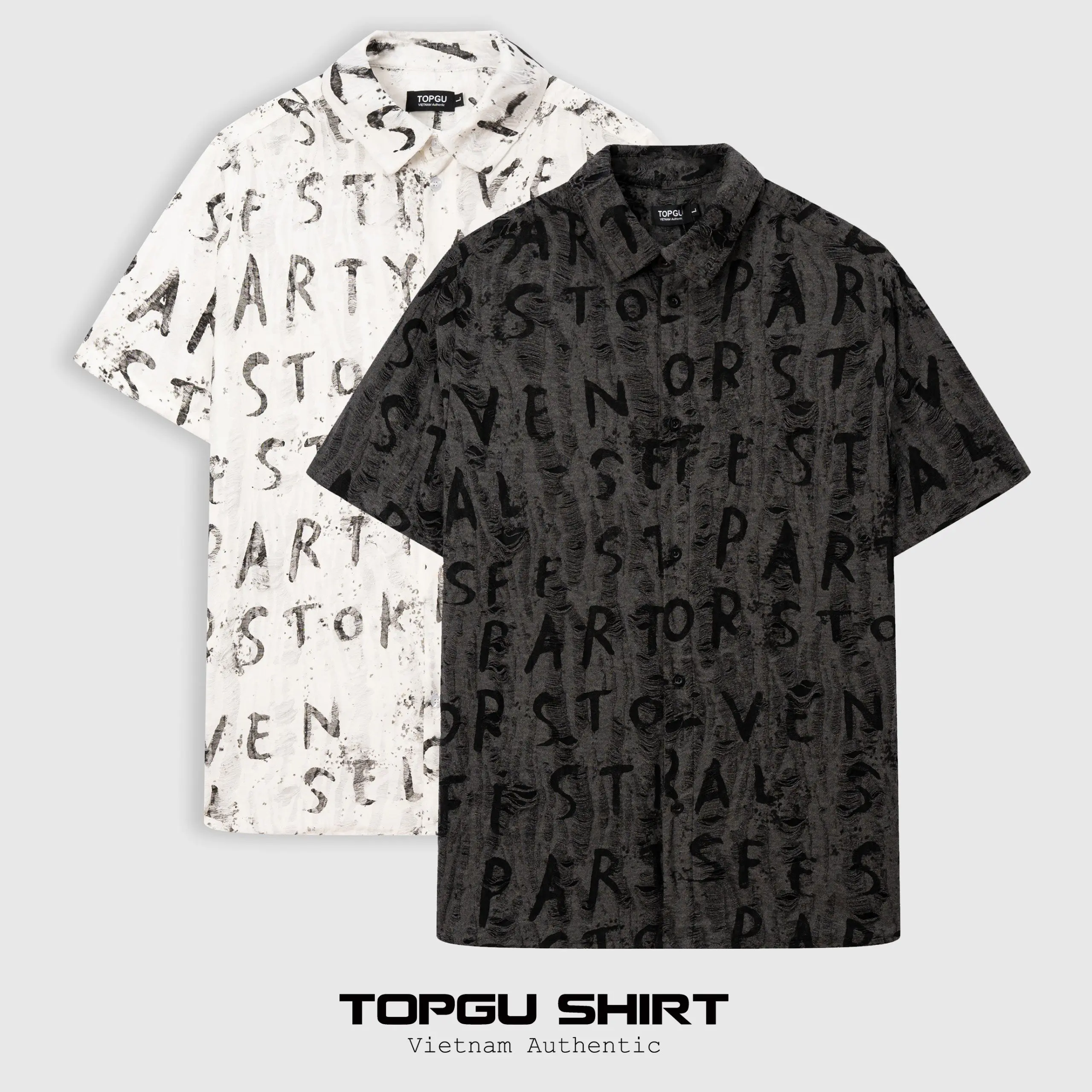 Áo sơ mi TOPGU cổ đức, vải Conton chữ rách. Nam Menswear Cổ Tròn