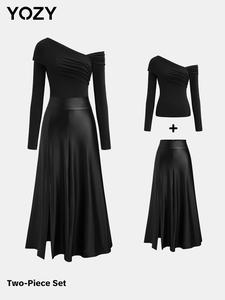 YOZY Women's Asymmetrical Neck Tee & A Line Skirt Set, Ladies Clothes for Daily Wear
