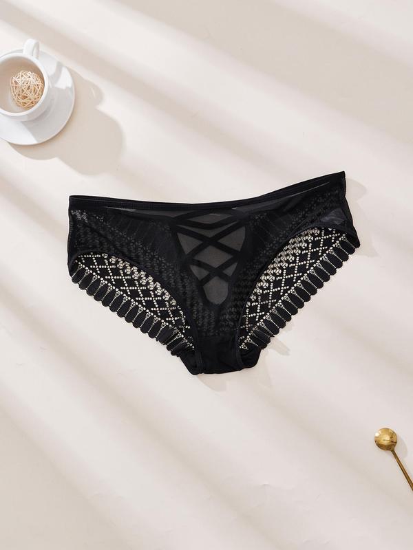 【Plus Size】  Floral Detail Contrast Mesh Lace Up Panty, Solid Color Sheer Fabric Knicker for All Seasons, Comfy Breathable Underwear for Women 9