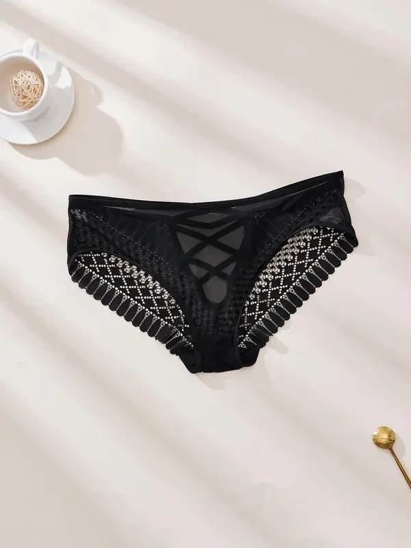 【Plus Size】  Floral Detail Contrast Mesh Lace Up Panty, Solid Color Sheer Fabric Knicker for All Seasons, Comfy Breathable Underwear for Women 8