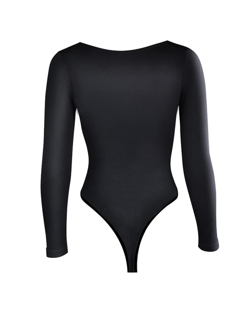 Product Introduction of Women's Solid Square Neck Long Sleeve Shapewear Bodysuit, Casual Comfy Button Closure Crotch Tummy Control Butt Lift Shaper, Ladies Shapewear for Daily Wear 2