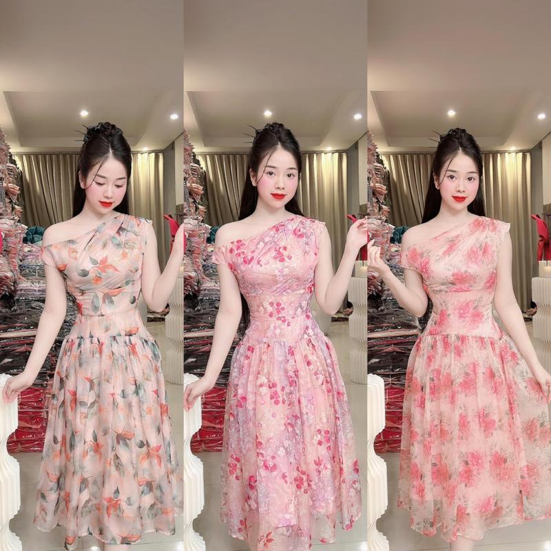 (T79) Đầm hoa thiết kế form xoè xếp ly trễ vai cách điệu váy đi dự đám cưới đầm đi tiệc đi làm đi chơi by Thương Lê T79