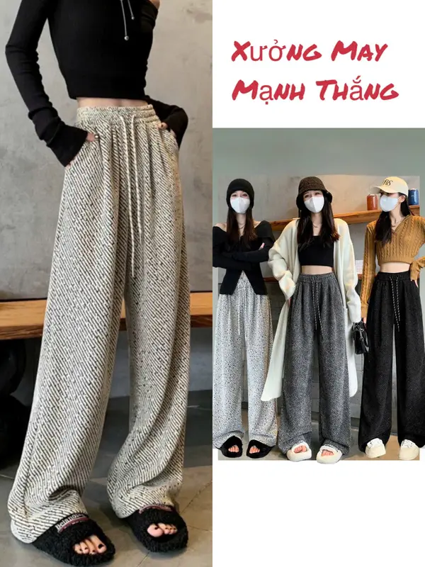 Quần Suông Kẻ Sọc Chéo Dày Dặn Co Dãn Tốt- Có Túi- Quần Ống Rộng  Nữ - Women- Xmas 0