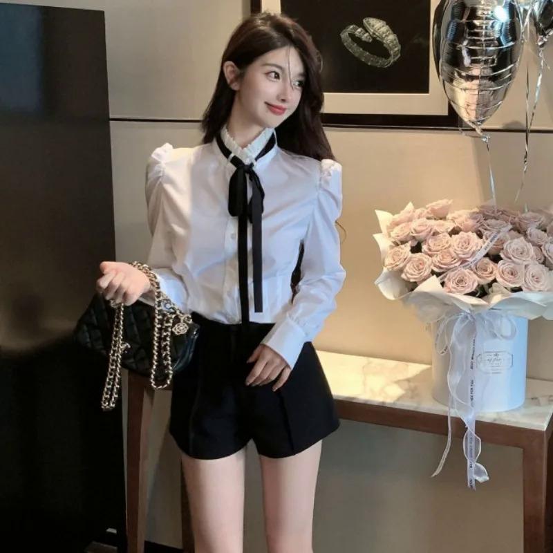 Product Introduction of White Blouse Women Clothing Puff Sleeve Stand Neck Tunic Shirts Temperament Ladies Blouses Tops Fashion Women Blouses 27u297 7
