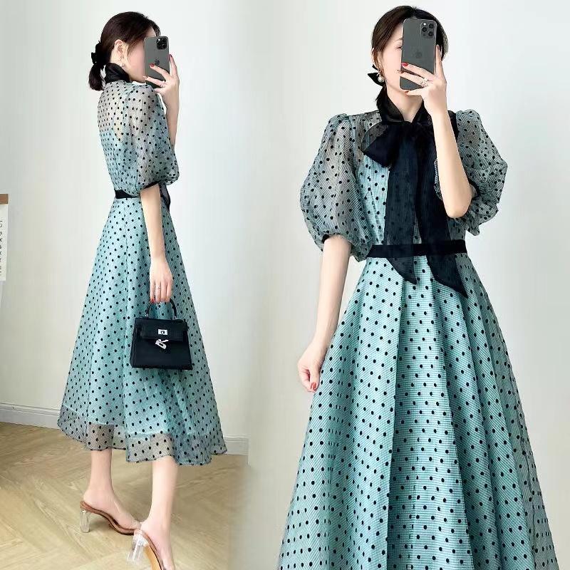2023 Versi Korea Baru dari Gaun Polidar Lengan Polidar/Busur Angkung Rok Tanah Casual Sifon Satin Wanita Panjang Hitam Dress Pendek Midi Retro 4