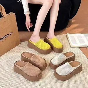 TOP Sneakers Tinggi 5cm Sepatu Santai Wedges Shoes Wanita Ringan Kain Rajut Slop Import Fashion Korea Beige Khaki Yellow KG2845