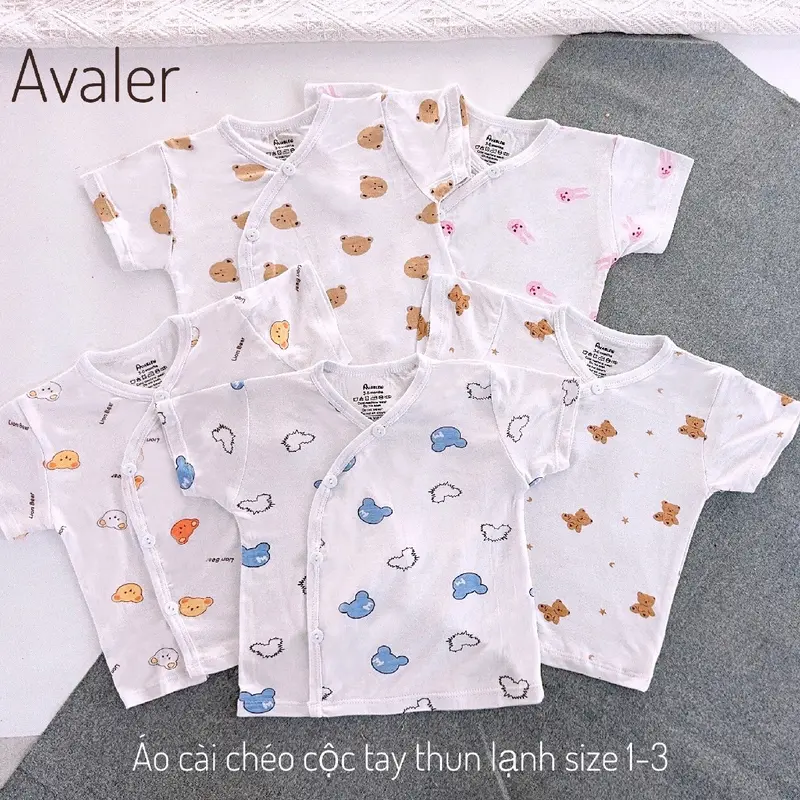 combo 5 Áo Thun Lạnh Ava Sơ Sinh Vạt Lệch Mầu Trắng Họa Tiết, Áo Cộc Tay Thun Lạnh Sơ Sinh 6