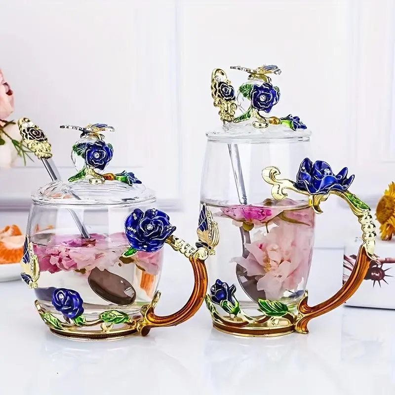 Rose Pattern Glass Tea Cup with Spoon & Lid, 1 Set Creative Glass Cup, Drinking Cup for Home Office Use, Gift for Friend & Family