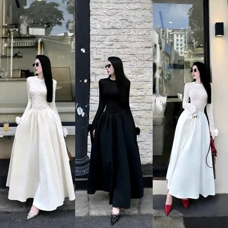 Đầm maxi Nữ thiết kế len ren hoa 2 lớp tùng đũi xước dáng dài dài tay đính hoa tay cao cấp dành cho nàng dâu xinh đẹp mặc đi chơi dạo phố dự tiệc sang trọng  Women