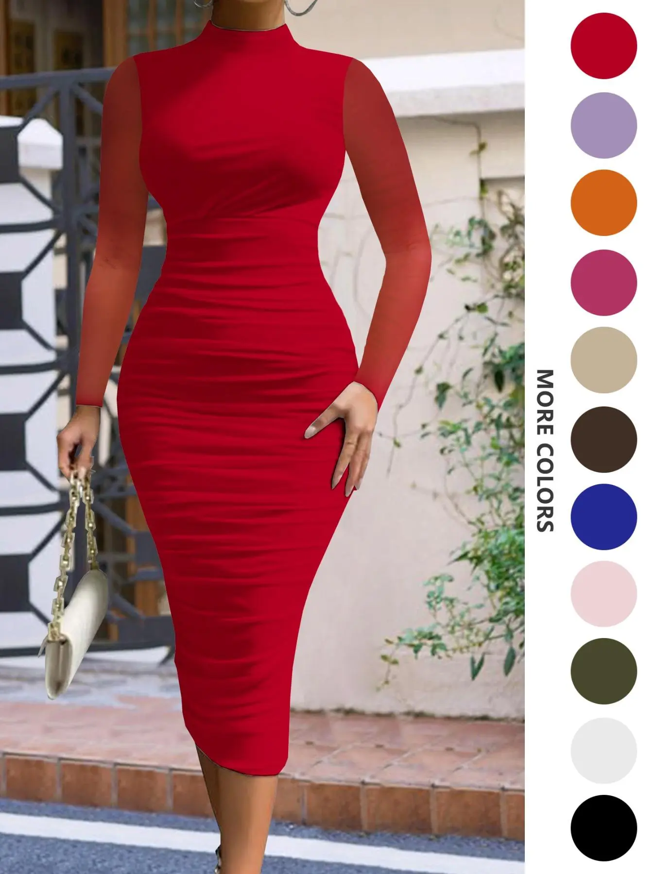 Women's Plain Ruched Mock Neck Bodycon Dress, Elegant Long Sleeve Mesh Midi Dress for Party Dating Wear, Women's Clothing for Spring & Fall