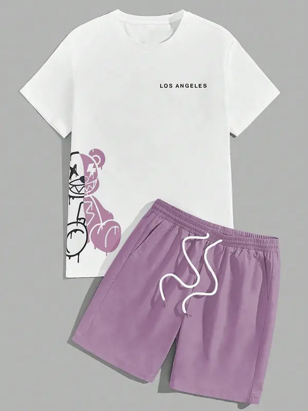 Two-Piece Set Men's Cartoon Bear & Letter Print Short Sleeve Tee & Shorts Set, Regular Fit Casual Round Neck T-shirt & Track Shorts, Summer Clothes Set for Men 3