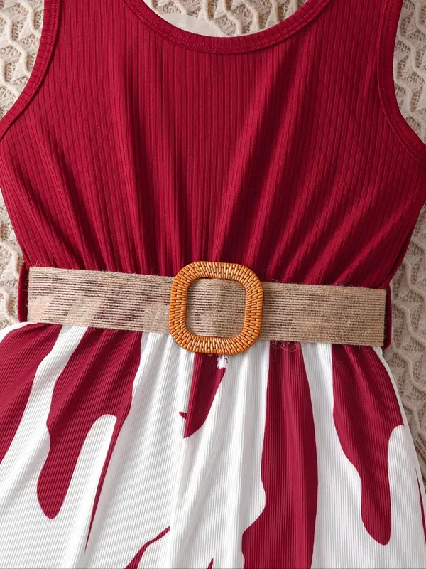 Girl's Colorblock Print Tank Romper with Belt, Elegant Sleeveless Jumpsuit for Summer, Kids Clothes for Daily Wear 4
