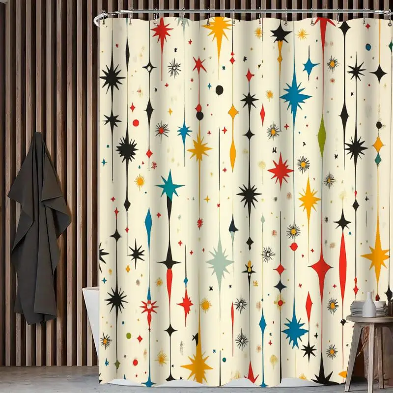 Star Print Shower Curtain Set, 1/4 Counts Including Shower Curtain & U-shaped Mat & Toilet Lid Cover & Bath Mat, Bathroom Accessories with Hooks 7