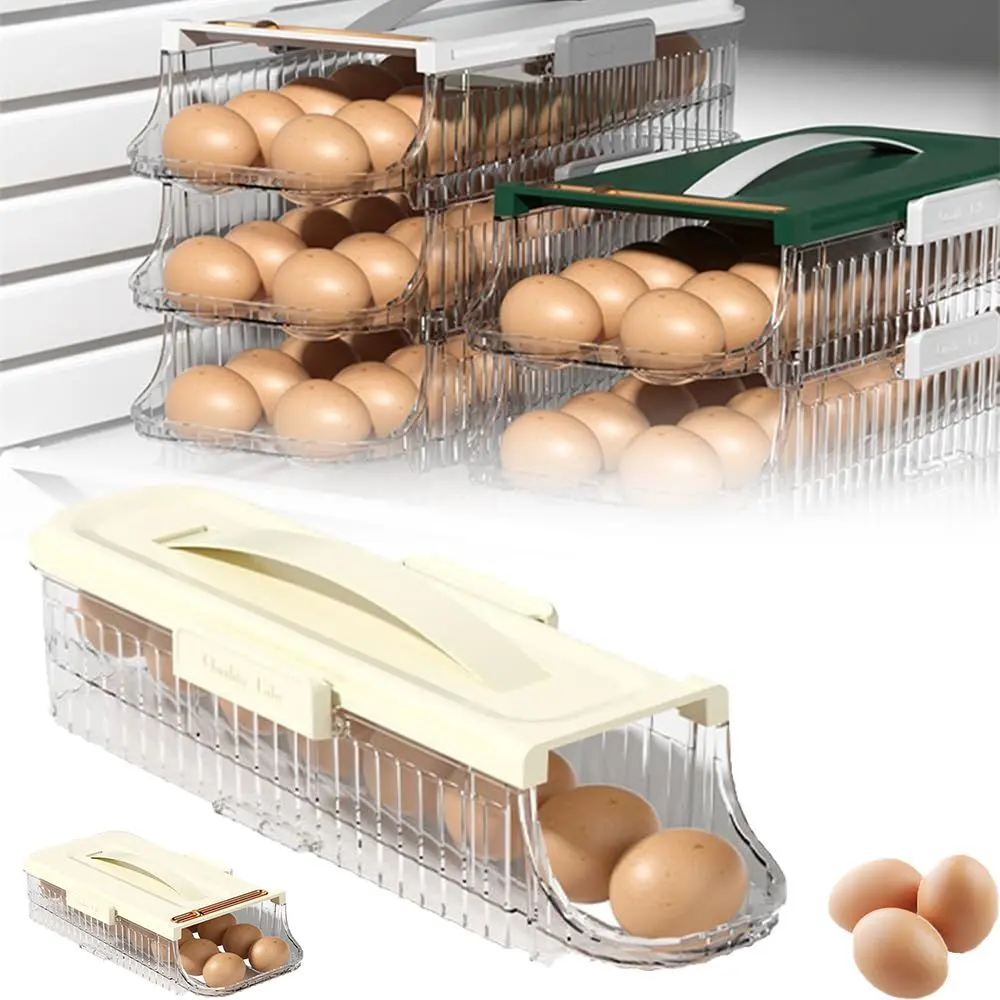 Portable Drawer Type Refrigerator Egg Organizer Automatic Scrolling Space Saving Egg Storage Container With Handle Large Capacity Eggs Dispenser Household