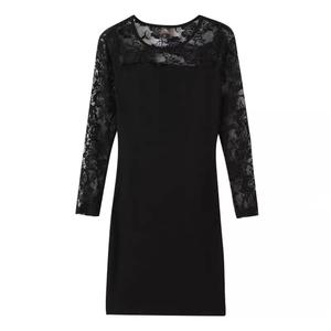 เดรสลูกไม้ฐานขนาดบวก, คอลเลกชันฤดูใบไม้ผลิและฤดูใบไม้ร่วงใหม่, ทรงสลิมฟิต, ความยาวปานกลาง, แขนยาว, ผู้หญิง, การออกแบบการเย็บปะติดปะต่อกันตาข่าย, เหมาะสำหรับผู้หญิง