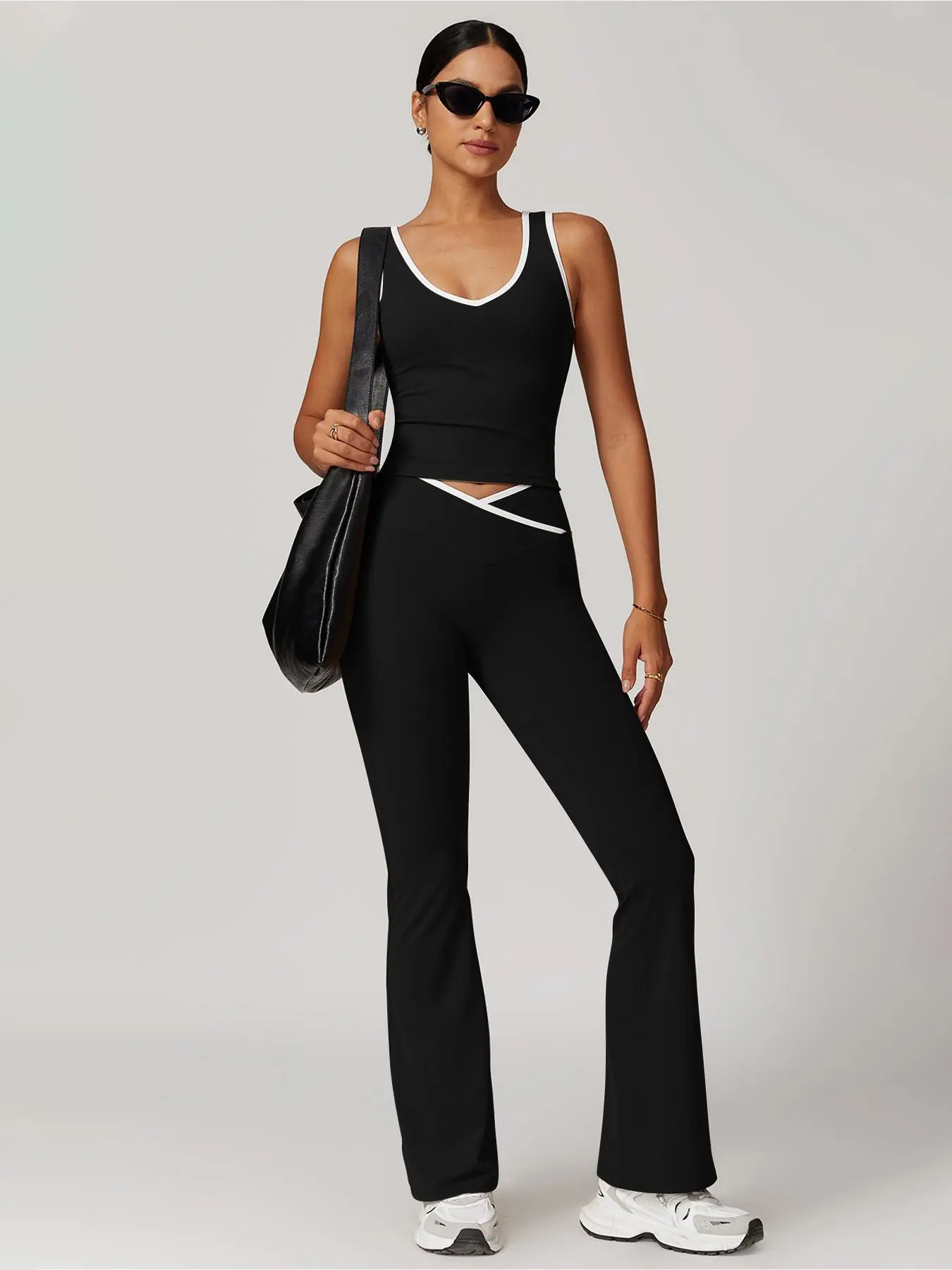 Women's Colorblock V Neck Crop Tank Top & Flare Leg Pants Loungewear Two-piece Set, Casual Comfy Ribbed Top & Bell Bottom Trousers PJ Set, Ladies Sleepwear for All Seasons, Pajamas, Womens Clothes, Womenswear