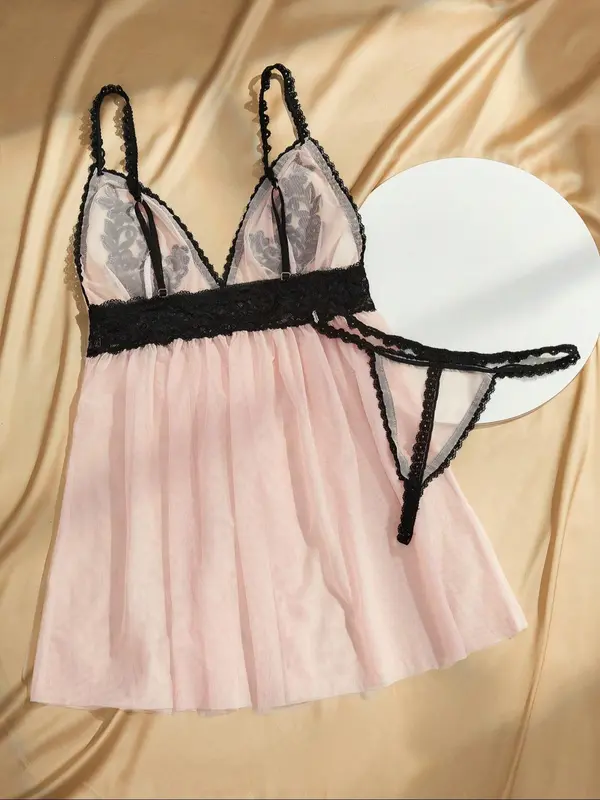 Women's Floral Embroidery Sheer Mesh Cami Nightdress & Thong Sexy Sleepwear Two-Piece Set, Elegant Comfy Adjustable Strap Nighty Dress & Panty Set, Ladies Sleepwear for All Seasons 1