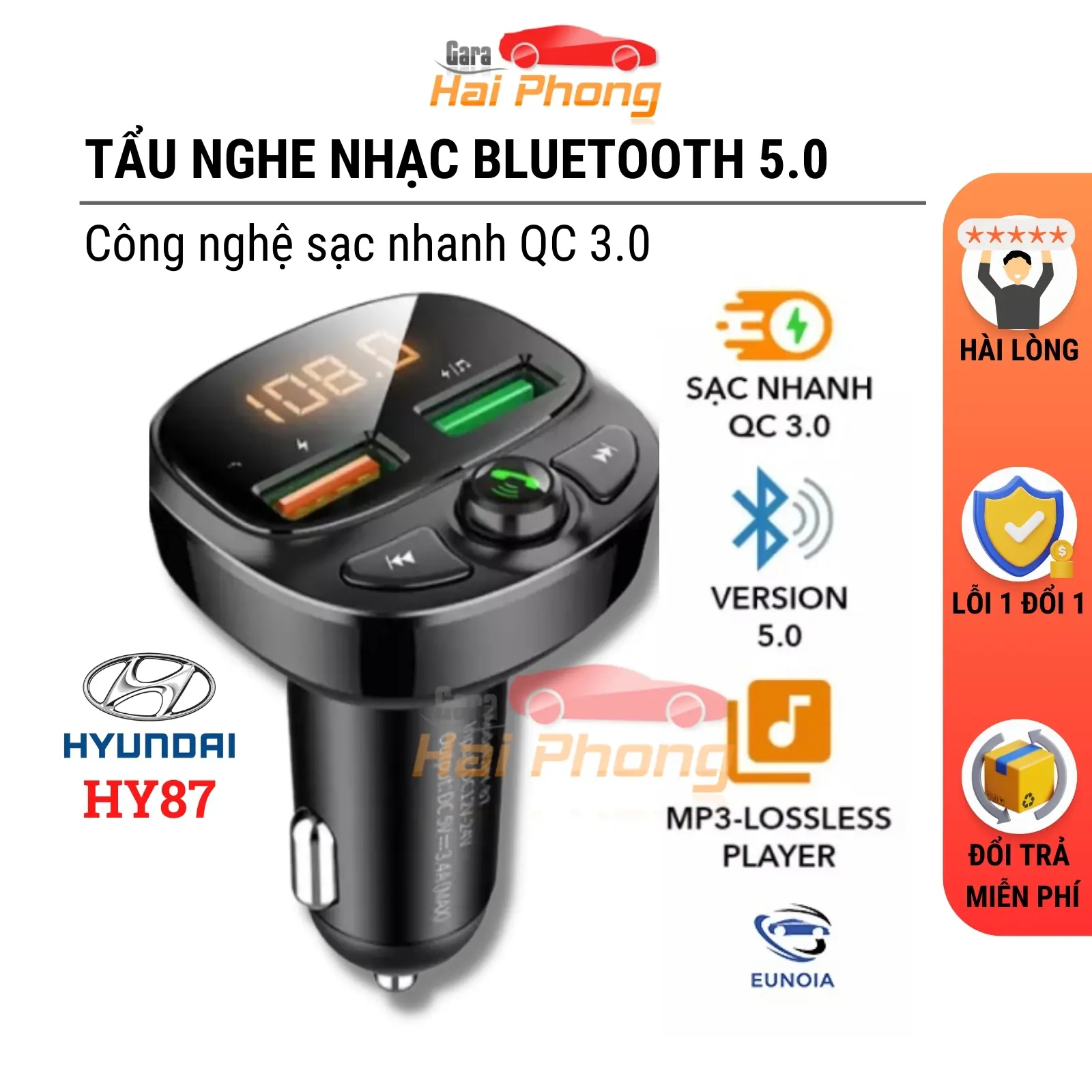 Tẩu Nghe Nhạc Bluetooth Kiêm Sạc Nhanh Hyundai HY-87 Sạc Pin, Nghe điện thȯại Rãnh Tay
