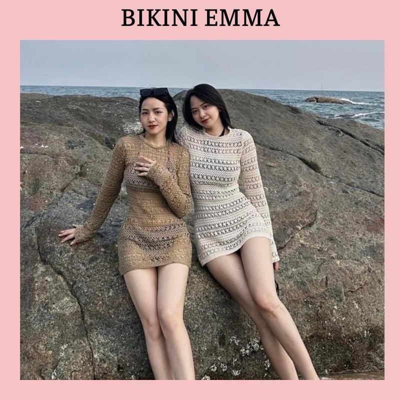 Set 3 Món Bikini Len EMMA Len Cao Cấp QC Có Khoá Kéo Gồm Áo Bikini Đen + Quần Con Đen + Áo Len