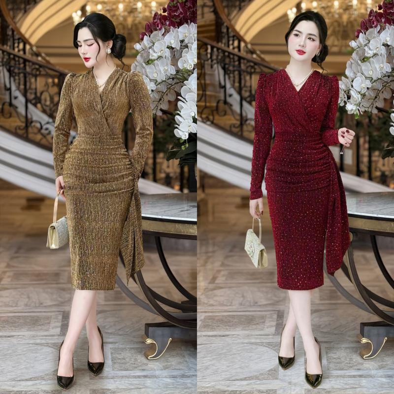 MIỄN SHIP BST MDU4652 Váy Nhũ Dệt Kim Sa Cao Cấp - Thiết Kế Dáng Ôm Body Cuốn Hút Dành Cho Nữ Đỏ