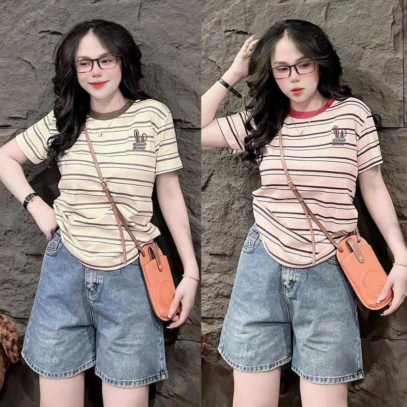 Áo Thun Ôm Vừa Dáng Nữ [Mã S05] Form 40~60kg, Hình Thêu Cotton Mềm Mịn Co Dãn 4 Chiều [SỌC THỎ] Top Women Cổ Tròn