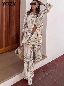 YOZY Two-Piece Set Women's All Over Print Button Shirt & Wide Leg Pants Set, Casual Soft Outfits for Summer, Women's Clothing for Daily Wear