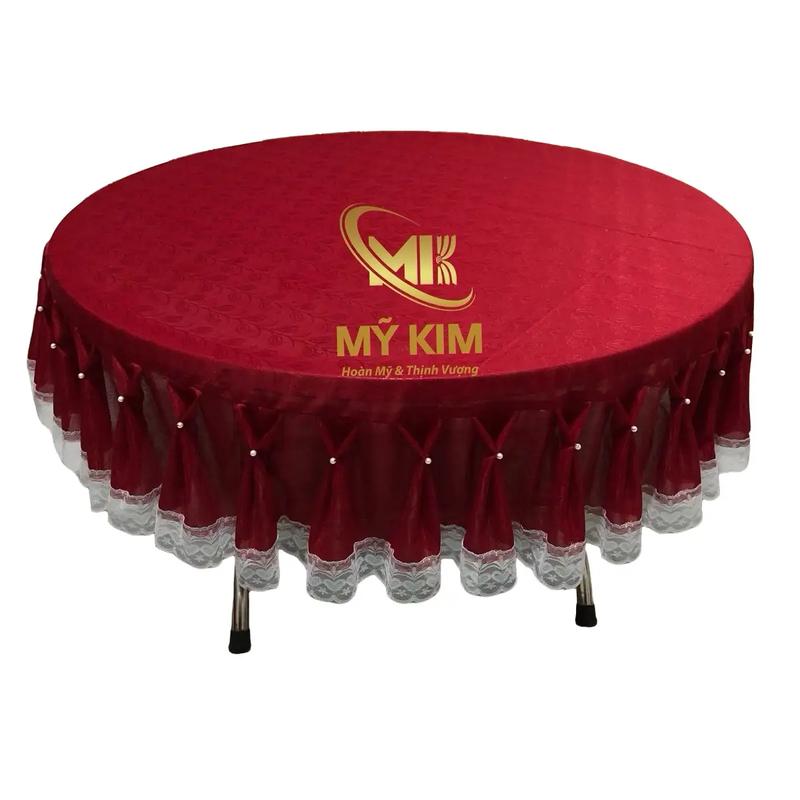 Khăn trải bàn tròn inox  kt 1.2m màu đỏ đô viền chân ren kim tuyến