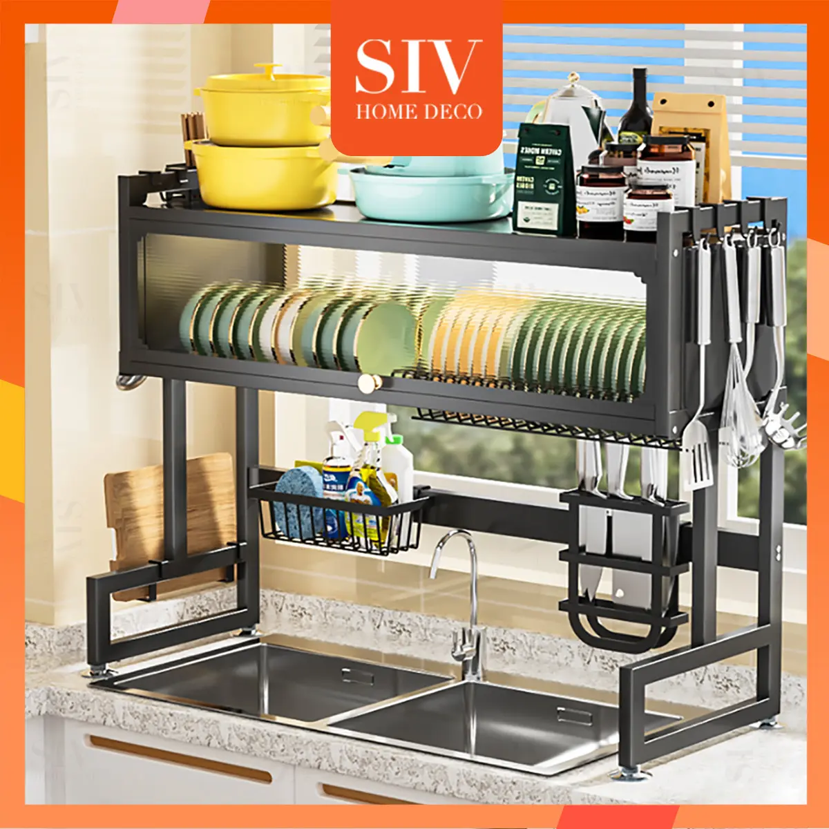 SIV HOME DECO KITCHEN Adjustable Rak Dapur Lapisan Stainless Steel Sink Dish Rack Rak Dapur Dish Drainer Plate Drying Storage Shelf dengan Kabinet Berdebu Tahan Lama Beserta Pemegang Piring dan Keluli Tahan Karat dalam Pelbagai Saiz