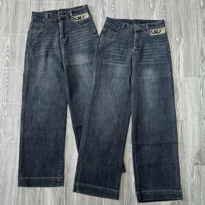 2837 BIGSIZE Quần jean suông nữ cạp cao quần jean ống rộng co dãn may gấu cao thêu hình Women Pants