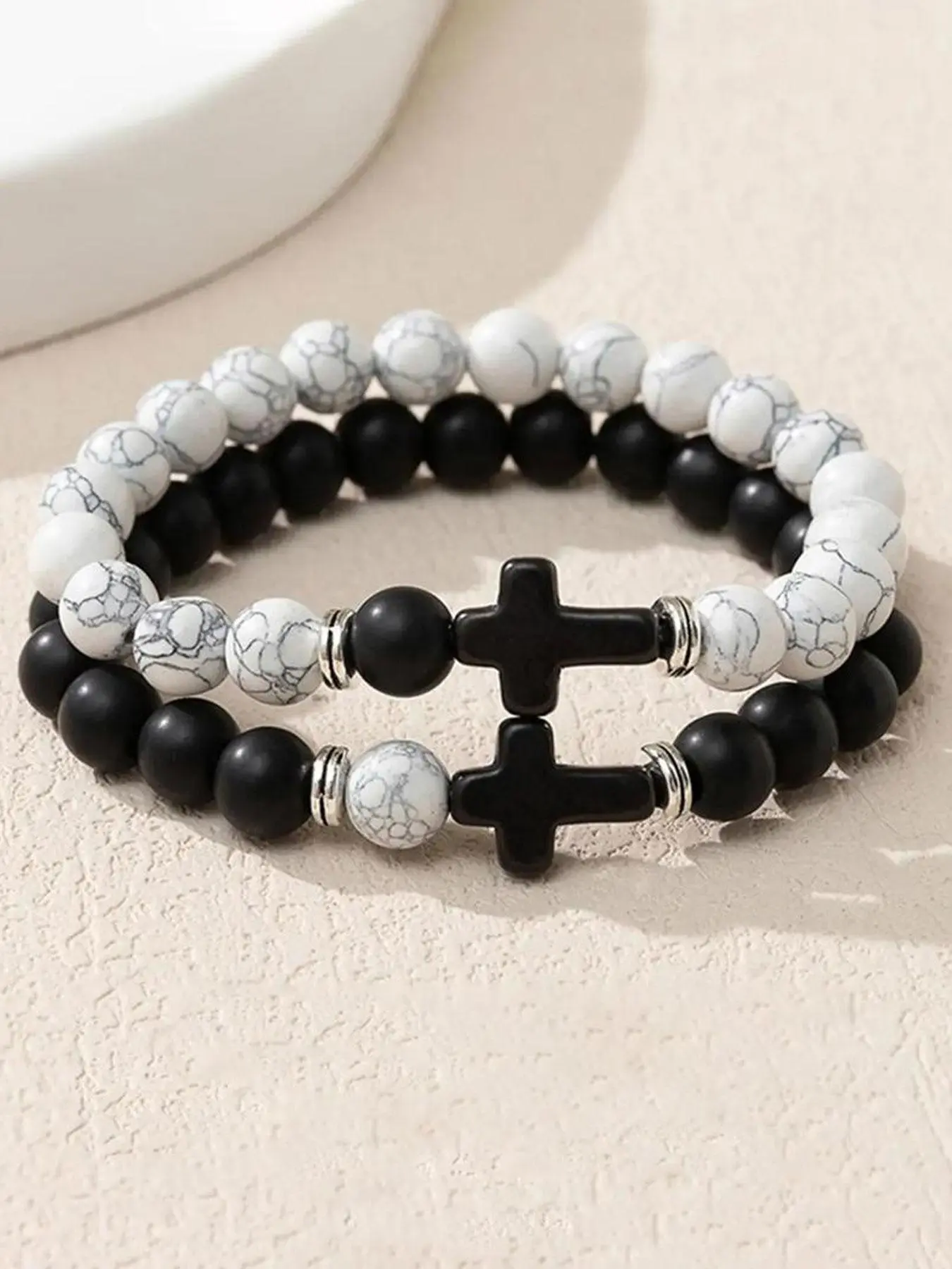 Fashion Colorblock Beaded Bracelet (2pcs), Cross Design Beaded Bracelet for Women & Men, 2pcs Fashion Jewelry for Party, Daily Clothing Decor, Trendy All-match & Exquisite Jewelry for Birthday Gift