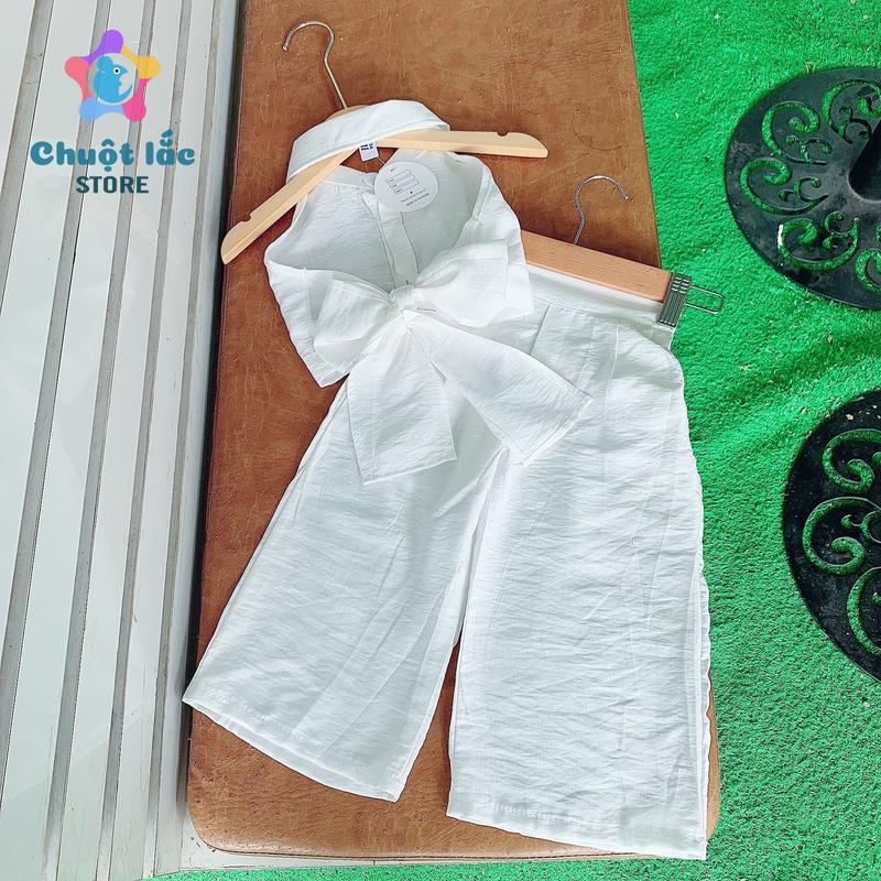 Sét bộ bé gái kiểu áo croptop quần ống suông chất đũi 10kg đến 28kg màu trắng