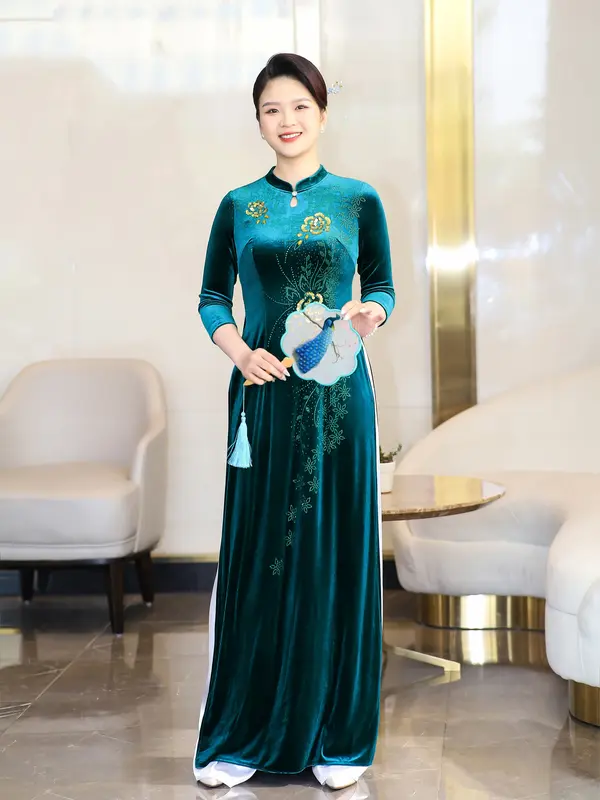 (Không kèm quần) Áo dài nhung trung niên cổ tàuT424 T437 5
