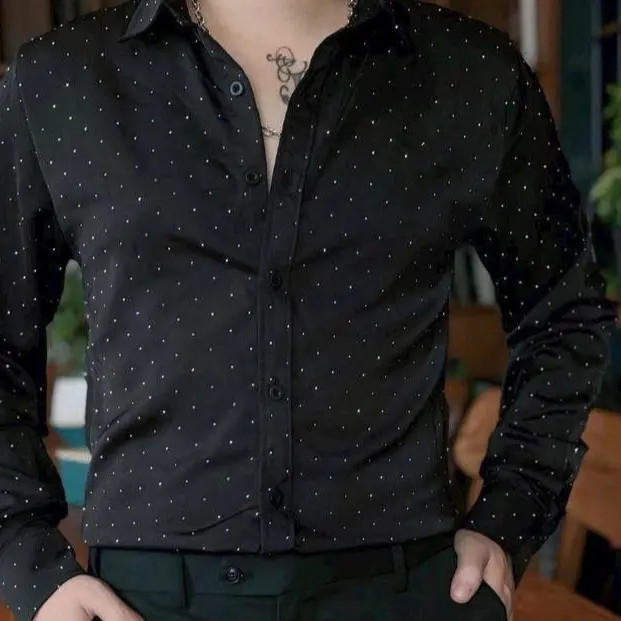 Áo Sơ mi Nam Đính Đá Luxury Vải lụa bóng mềm mịn  Menswear Cổ Tròn Sơ Mi sominam  dep Shirt 2