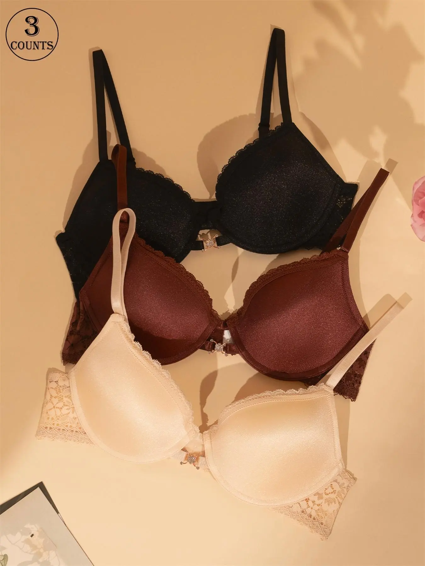 Women's Solid Contrast Lace Underwire Bra, Soft Comfortable Breathable Adjustable Strap Bra, Lingerie for All Seasons