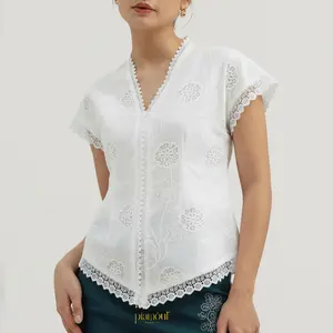 GIRLYBAYA AURORA TOP Kebaya Modern Casual Basic Outer Kebaya Encim Lengan Pendek Katun Embroidery Bordir Mix Renda Atasan Blouse Baju Kondangan Wanita Kekinian