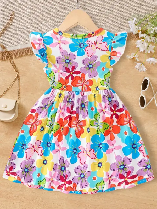 Girl's Floral Print Dress, Casual Round Neck Dress for Summer, Kids Clothes for Daily Wear 1