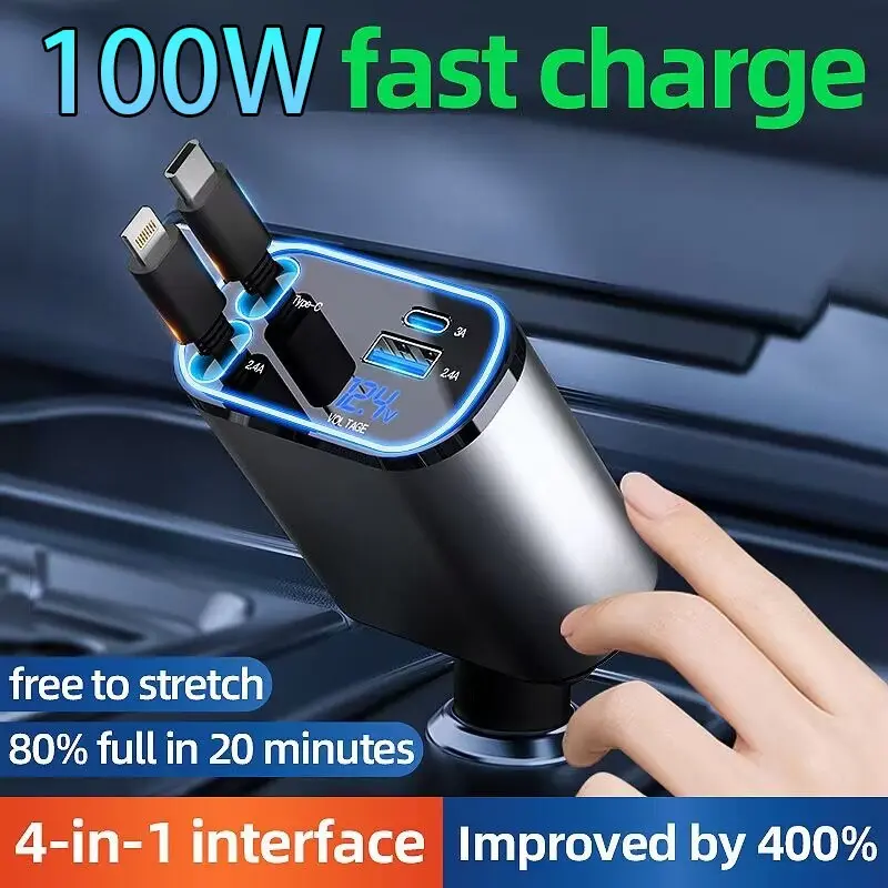 Bộ sạc ô tô, Sạc nhanh 4 trong 1, Sạc siêu nhanh, Tương thích với Type-C, IOS và USB, Cáp Có Thể Thu Vào 0