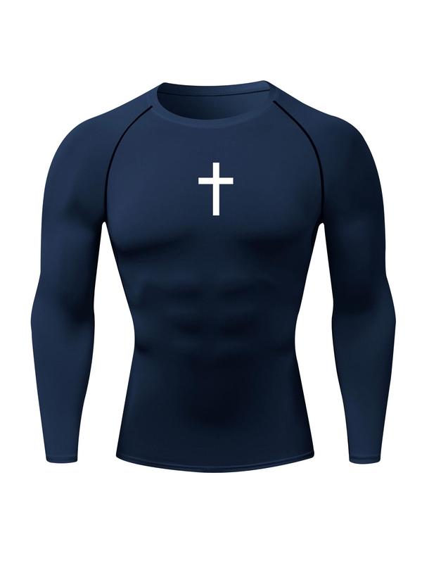 Men's Cross Print Round Neck Sports Tee, Tight Sporty Quick Drying Breathable Long Sleeve T-shirt, Men's Sportswear for Spring & Fall Gym Workout, Graphic Tees, Workout Clothes 2