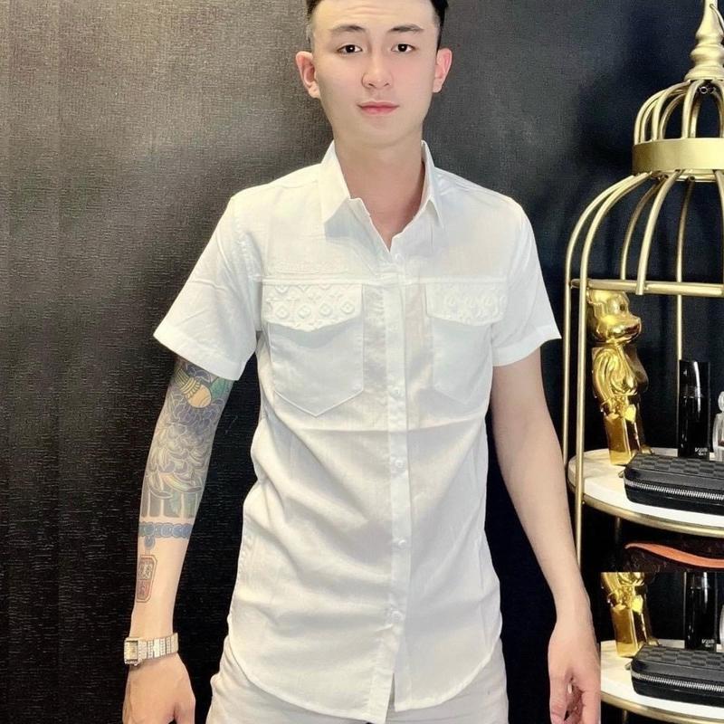 áo sơ mi nam tay ngắn chất vải đũi co giãn thoáng mát phối hoạ tiết dập nổi túi trẻ trung sang trọng mẫu-MỸ LINKSHOP Menswear Cổ Tròn sơ  mi  trắng  tay  ngắn áo  sơ  mi  classic