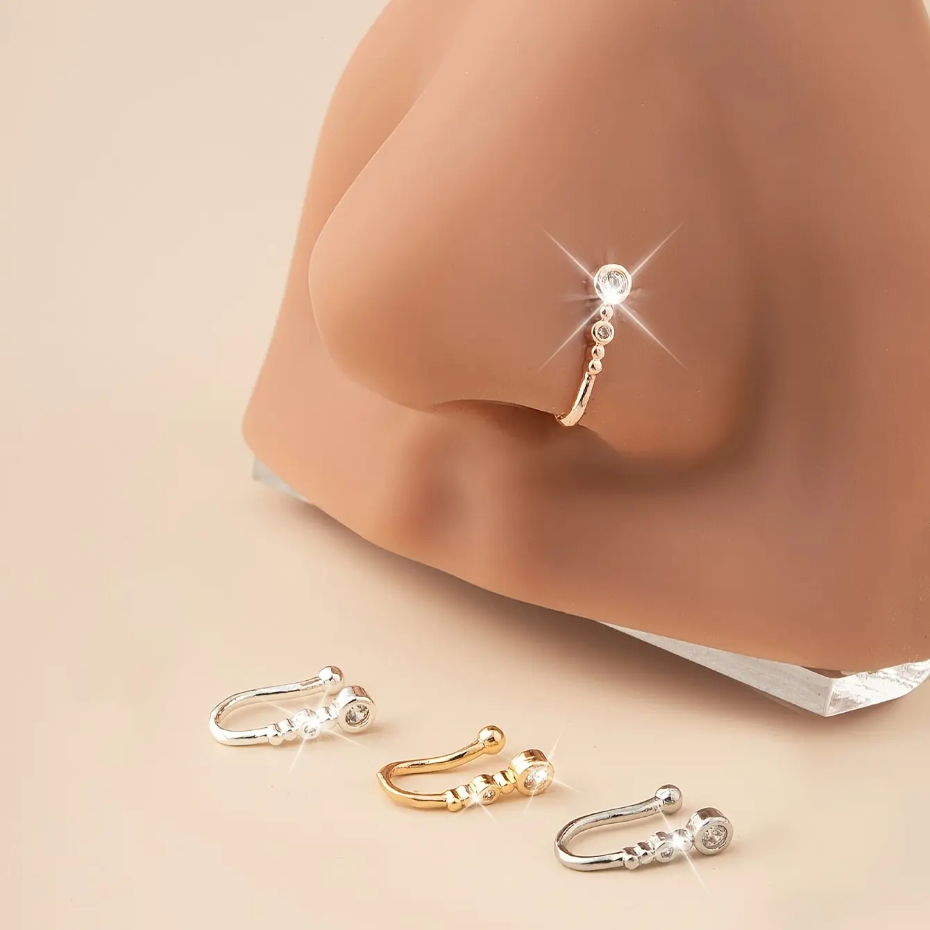 4pcs Set Minimalist Fashion Copper with Zirconia U-Shaped No-Piercing Nose Rings, Clips & Studs - Creative Gift for Girls