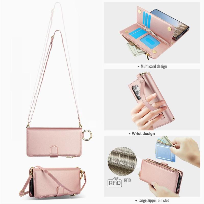 PU Leather Phone Case with Card Slots, 1 Count Zipper Wallet Design Phone Case with Finger Ring Buckle, Phone Accessories for Samsung Galaxy 2