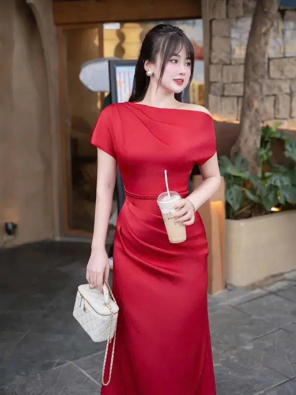 Váy dự tiệc MÀu Đỏ CAm Trẻ Trung vai trễ điểm nhấn dây sam eo - Chất liệu lụa Hàn mềm mịn - 4 Màu Nhiều Lựa Chọn - Size M-3XL 3