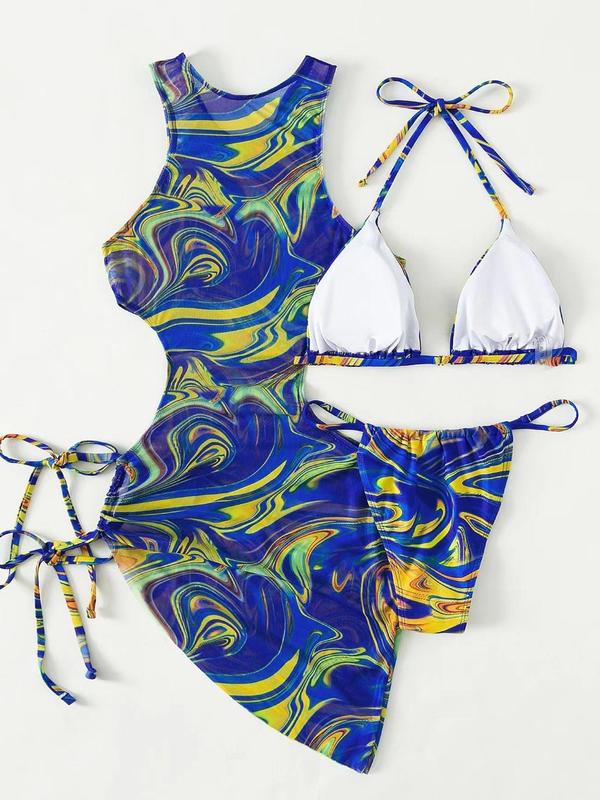Women's All over Print Cut out Triangle Bikinis for Summer 2024, Drawstring Tie Back Halter Neck High Cut Swimwear Set for Summer, Swimsuit for Beach Holiday 7