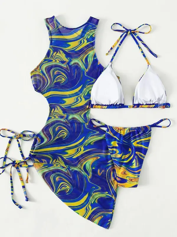 Women's All over Print Cut out Triangle Bikinis for Summer 2024, Drawstring Tie Back Halter Neck High Cut Swimwear Set for Summer, Swimsuit for Beach Holiday 7
