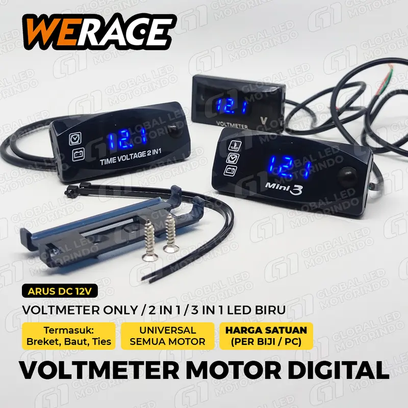 WERACE Voltmeter Motor Digital Only 2in1 3in1 Voltase Dan Jam 12v LED Biru 0