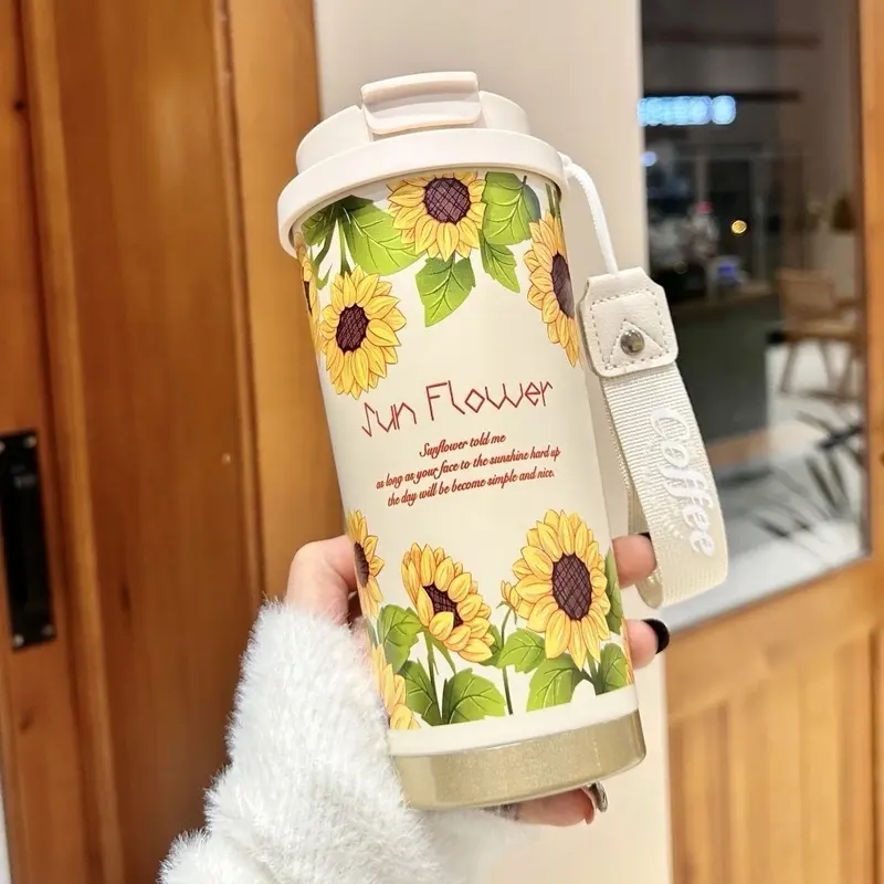 Cốc Giữ Nhiệt Hoạ Tiết Hoa Lá Dung Tích 500ml Có Kèm Ống Hút Chất Liệu inox 316 8