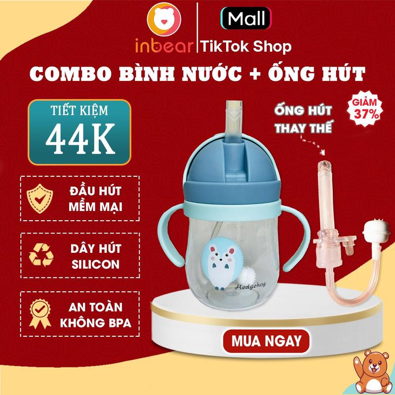 Combo Bình Uống Nước + Ống Hút Thay Thế Inbear Có Van Chống Sặc, Vạch Chia 250ml, Tay Cầm Tiện Lợi Tập Uống Cho Bé