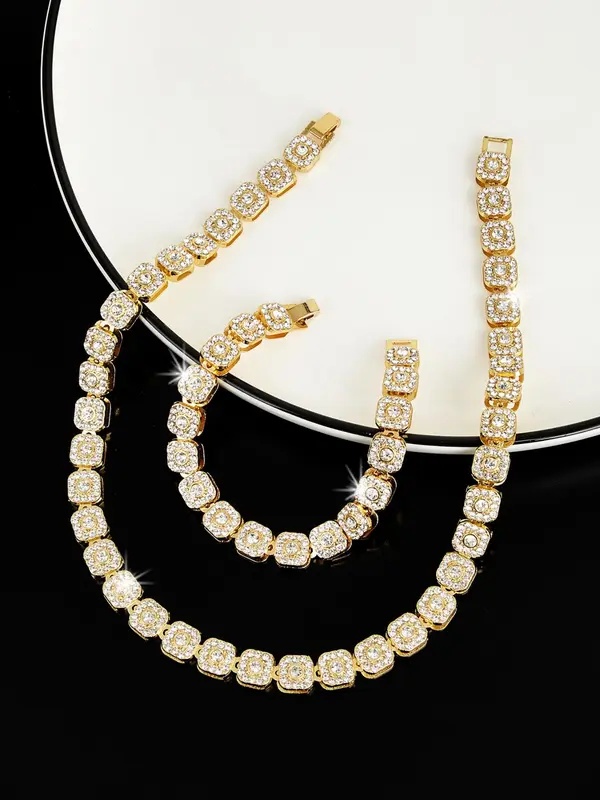 Men's Hip Hop Classic Small Square Rhinestone Jewelry Set, 1 Set/2pcs Sparkly Rhinestone Decorated Necklace & Bracelet Set, Streetwear Accessories, Fashion Matching Jewelry Gift for Men 3